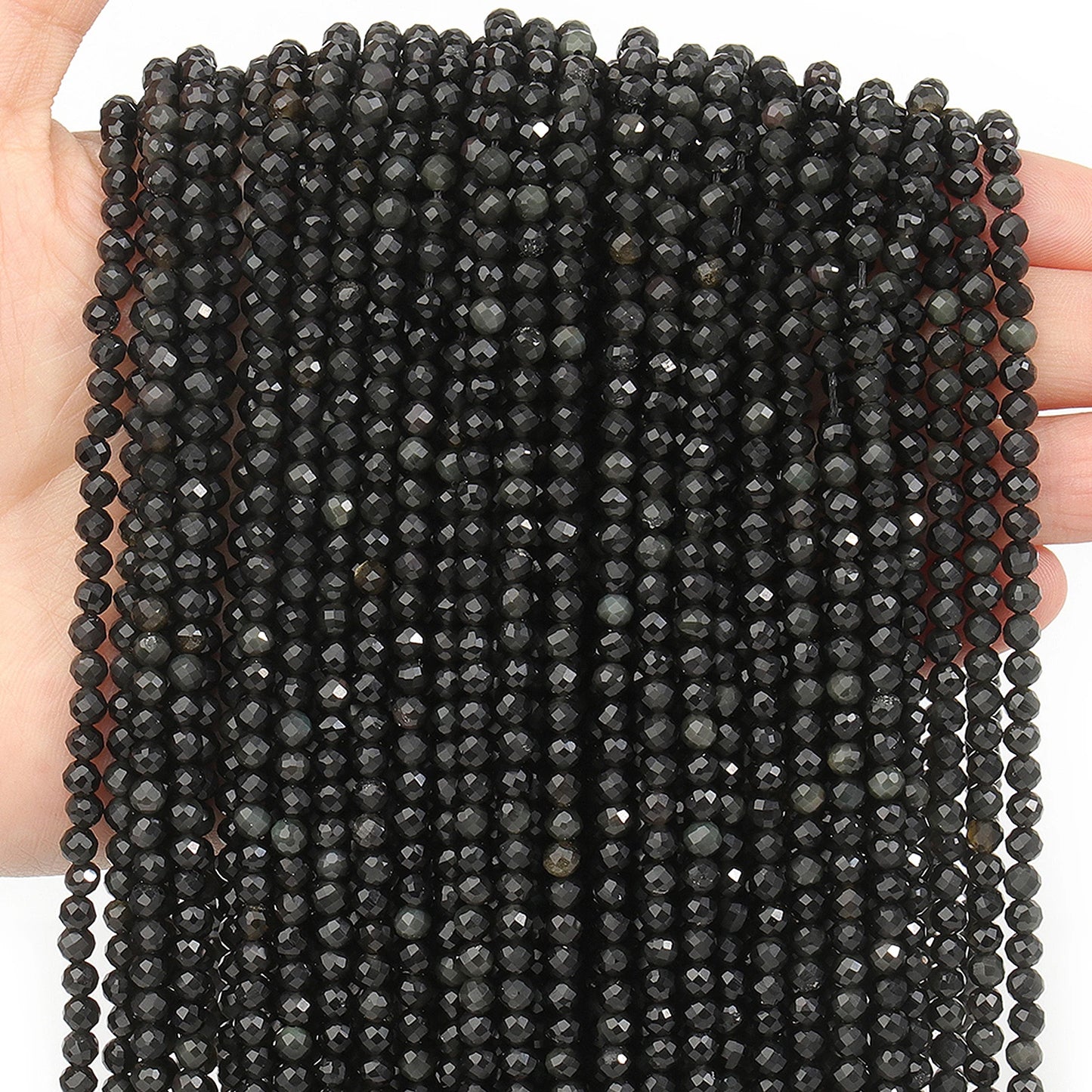 2 3 4 mm facettierte natürliche schwarze Obsidian-Perlen, runde lose Perlen, DIY-Taillenkette, Perlen, Halskette, Armband, Schmuckzubehör