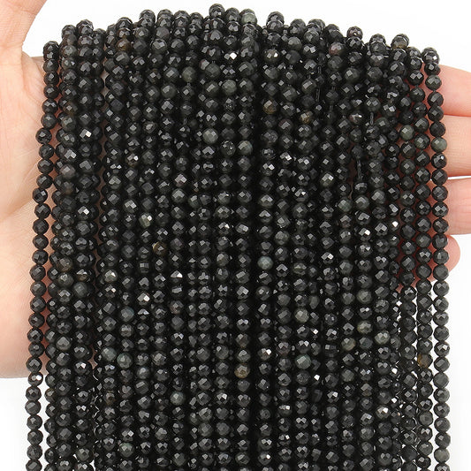 2 3 4 mm facettierte natürliche schwarze Obsidian-Perlen, runde lose Perlen, DIY-Taillenkette, Perlen, Halskette, Armband, Schmuckzubehör