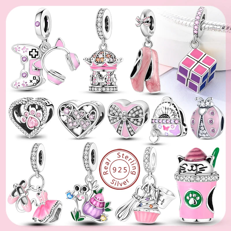 Neue 2025 925 Sterling Silber Charms Perlen Liebe Herz Rosa Original Charm Anhänger Fit Charm Armbänder DIY Schmuck Geburtstag Geschenk