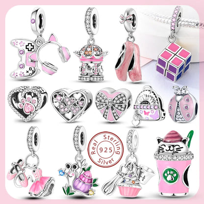 Neue 2025 925 Sterling Silber Charms Perlen Liebe Herz Rosa Original Charm Anhänger Fit Charm Armbänder DIY Schmuck Geburtstag Geschenk