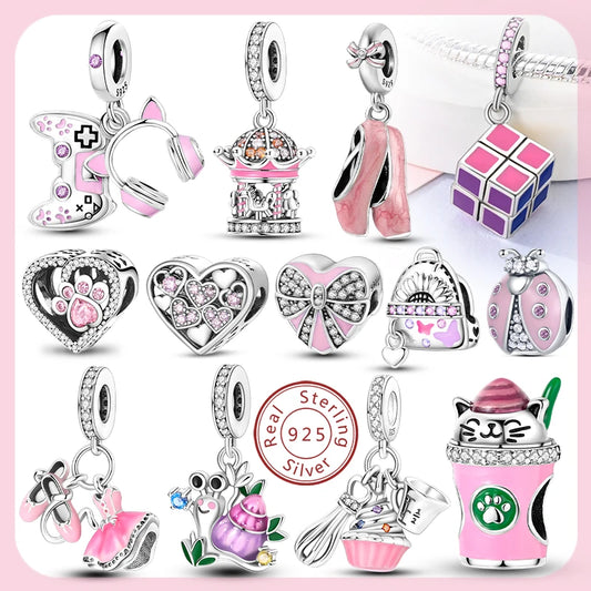 Neue 2025 925 Sterling Silber Charms Perlen Liebe Herz Rosa Original Charm Anhänger Fit Charm Armbänder DIY Schmuck Geburtstag Geschenk