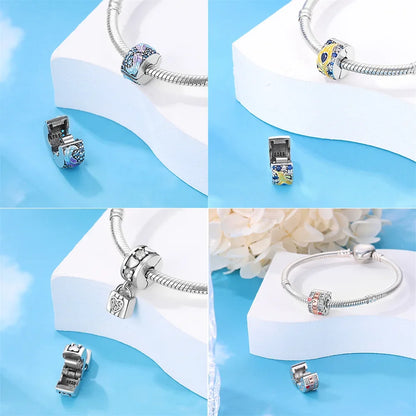 925er Silber eingelegte Zirkoniumblumen, vierblättriges Kleeblatt, Federn, Liebesbox-Clip, Charms, Abstandsperlen, passend für Armbänder, DIY-Schmuckmarkierung