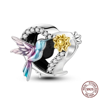 Gelber Sonnenblumen-Charm aus 925er Silber, Original-Zirkon, Kolibri, Einhorn-Charms, passend für Armbänder, DIY-Schmuck für Frauen, Hochzeitsgeschenk