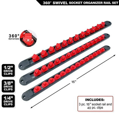 360 °   Drehbarer ABS-Sockel-Organizer, 1/4 Zoll, 3/8 Zoll, 1/2 Zoll, Premium-Qualität, Sockel-Clip-Schienenhalter, Steckdosen-Organizer, Werkzeuge, Blau und Rot