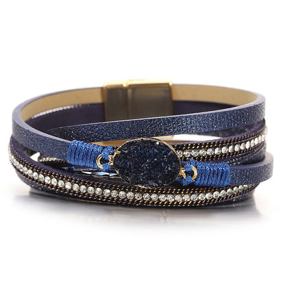 ALLYES Retro Blue Leather Bracelets for Women Men Boho Charm Pearl Crystal Heart Multilayer Wrap Bracelet &amp; Bangle Jewelry Gifts