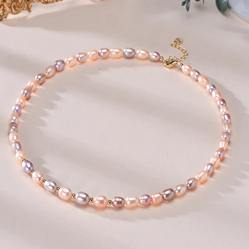 HENGSHENG 6–7 mm Reisform, Süßwasser, Weiß, Rosa, Lila, gemischte Farben, Perlenkette, 925er Sterlingsilber, Schmuck für Frauen und Mädchen