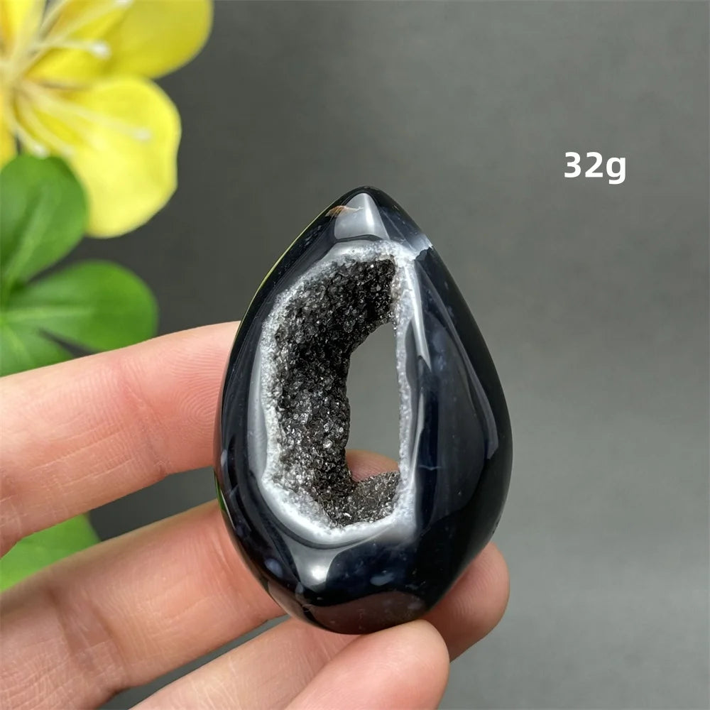 Natürlicher schwarzer Achat, Kristallloch, eiförmiger Kristall, Heilung, spirituelle Meditation, Mineralquarz, Aura, Energie, Heimdekoration