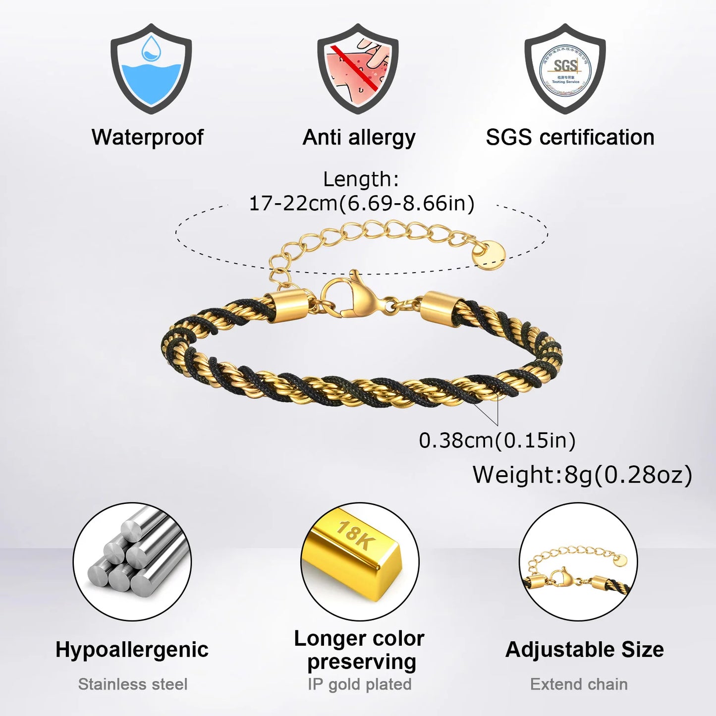 Zweifarbige Kettenarmbänder für Männer und Jungen, verstellbares Armband mit gedrehtem Seil aus Edelstahl, stilvolle Schmuckgeschenke