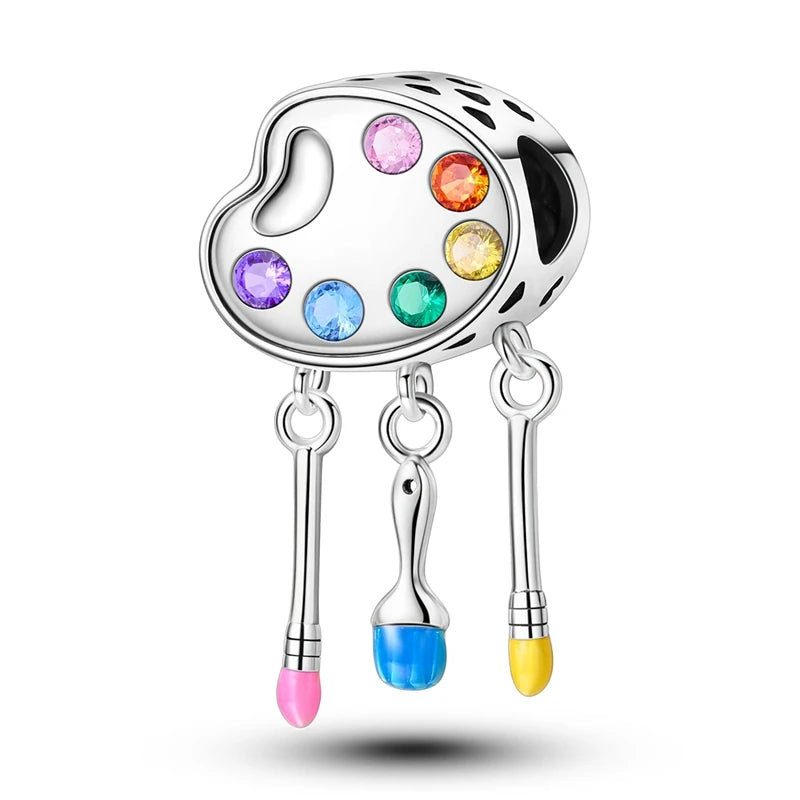 Malerei Kunst 925 Sterling Silber Verträumter Sternenhimmel Künstler Zeichenbrett Pinsel Schnur Fit DIY Armband Halskette Galerie Geschenke