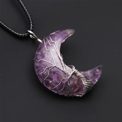 Natürliche Kristall Mond Anhänger Halskette Baum des Lebens Amethyst Reiki poliert Mineral Schmuck Heilstein für Männer Frauen Schmuck