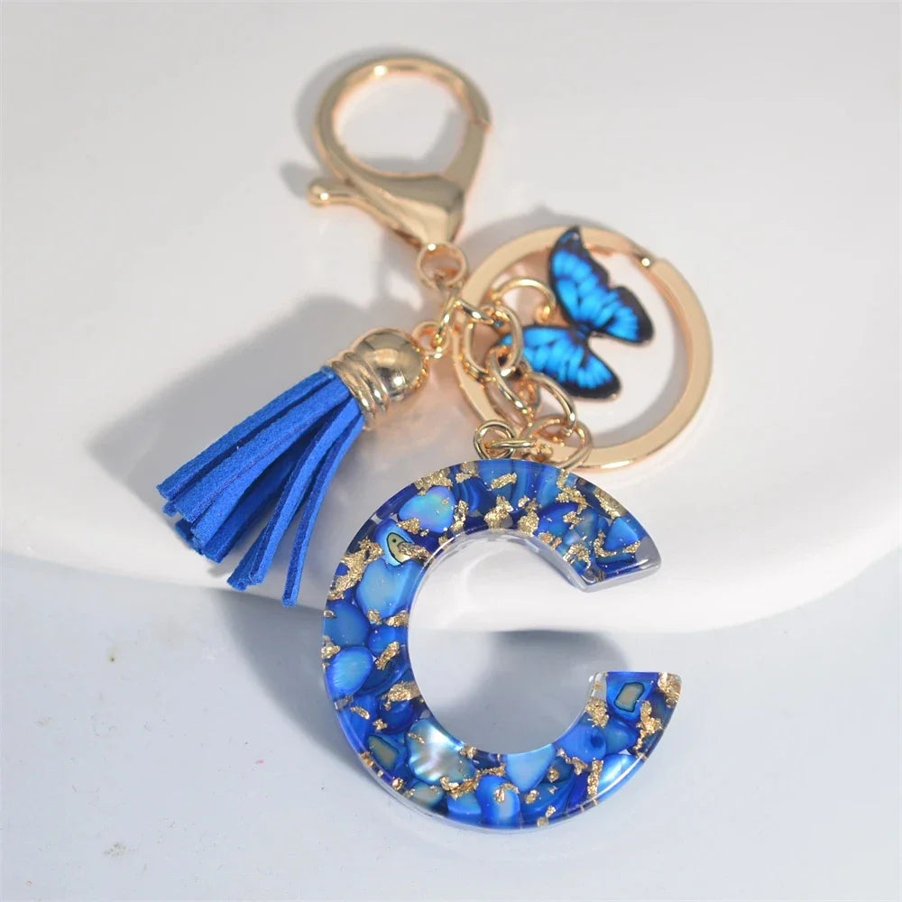 Modischer blauer glasierter Stein, A bis Z, Buchstaben-Schlüsselanhänger, 26 Initialen, Alphabet, Schmetterling, Quaste, Anhänger, Auto-Schlüsselanhänger, Damenschmuck, Geschenke