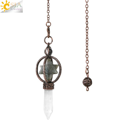 CSJA Esoterik Kristallpendel für Wünschelpen, Weissagung, Pendel, Merkaba, Naturstein-Anhänger, klarer Quarz, rote Bronze, G930