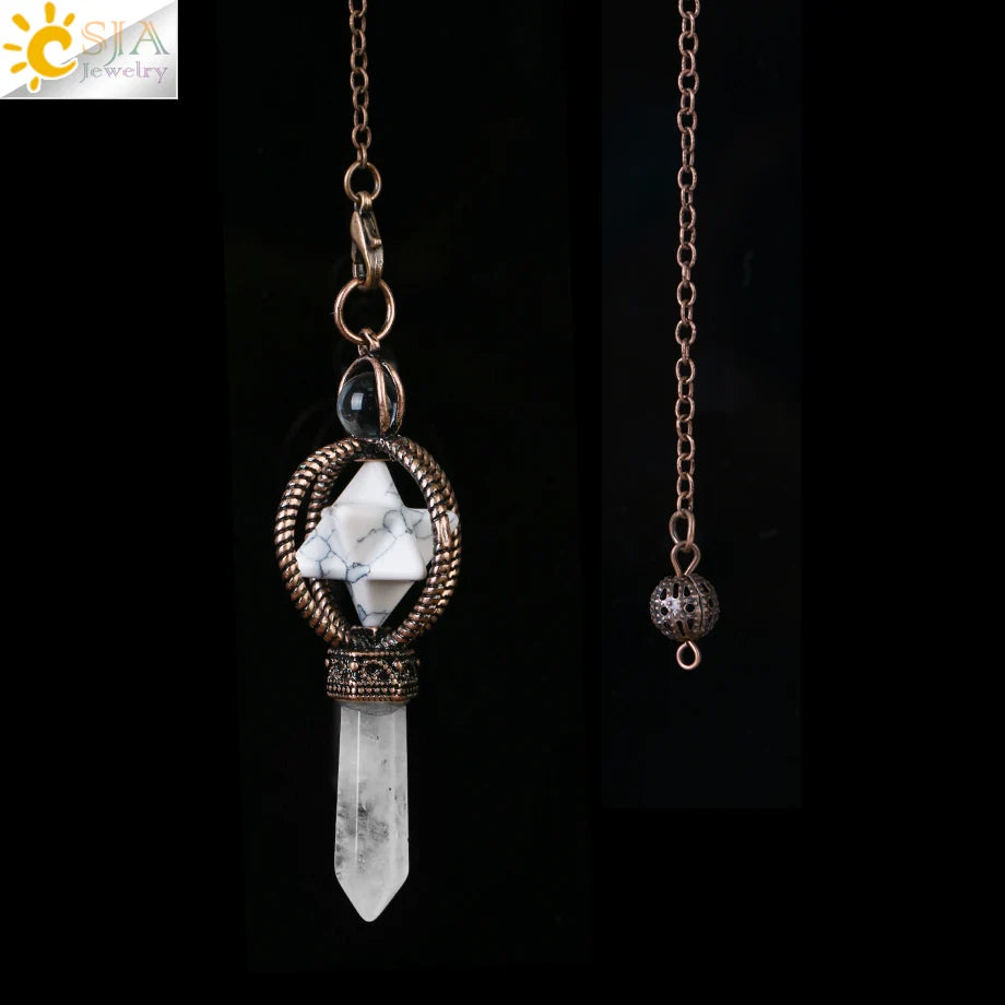 CSJA Esoterik Kristallpendel für Wünschelpen, Weissagung, Pendel, Merkaba, Naturstein-Anhänger, klarer Quarz, rote Bronze, G930