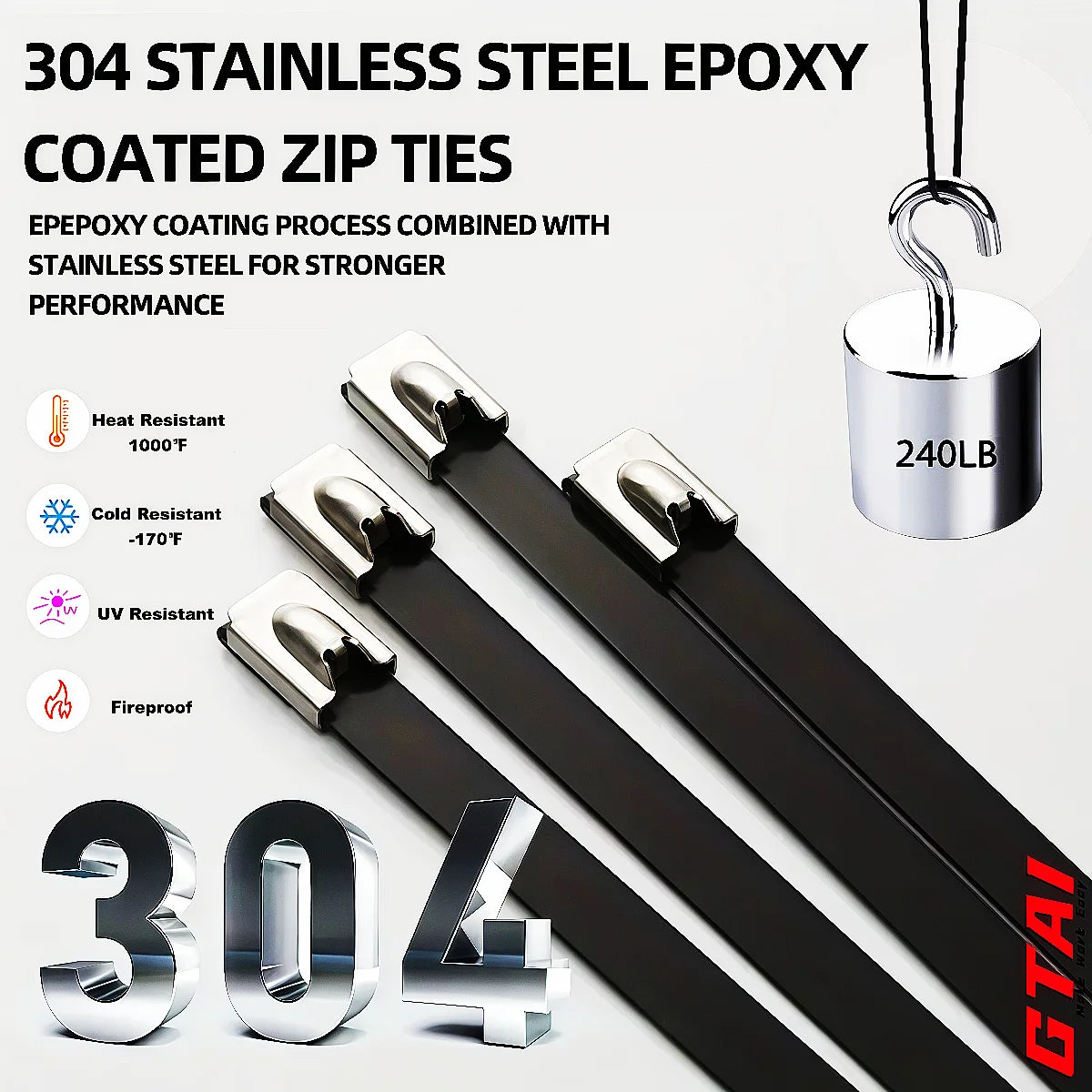 Metallbinder, schwarz, 50 Stück, robust, 304 Edelstahl, epoxidbeschichtet, selbstsichernder Kabelbinder für Fahrzeuge, Bauernhöfe, Rohrleitungen, Zäune