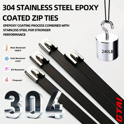 Metallbinder, schwarz, 50 Stück, robust, 304 Edelstahl, epoxidbeschichtet, selbstsichernder Kabelbinder für Fahrzeuge, Bauernhöfe, Rohrleitungen, Zäune