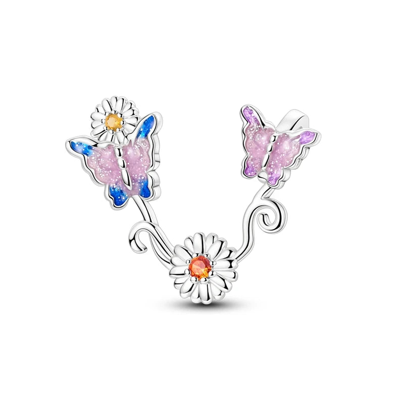 Exquisiter 925er-Sterlingsilber-Charm mit funkelndem Edelstein, Schlüssel, Blume, Schmetterling, passend für DIY-Armbänder, Halsketten, edler Schmuck, Geschenke