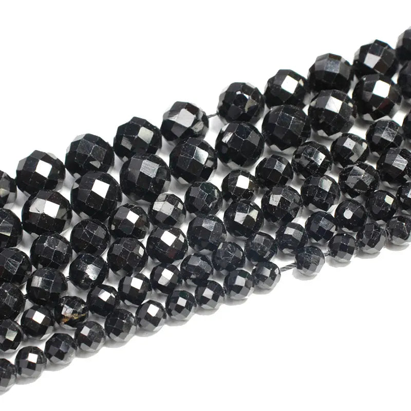 Feiner 100 % Naturstein, facettierter schwarzer Turmalin, runde Edelstein-Abstandsperlen für Schmuckherstellung, DIY-Armband, Halskette, 6/8/10 mm