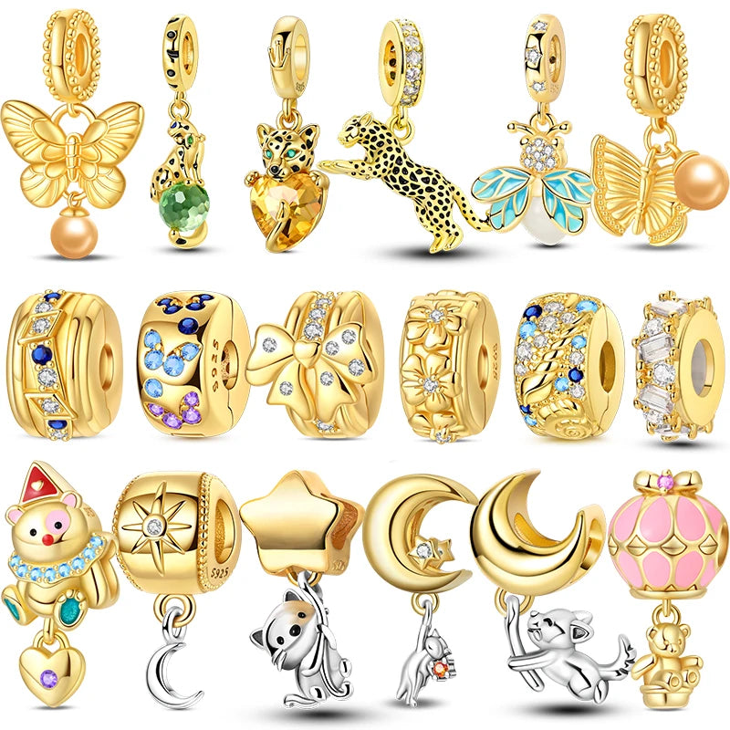Original-Charm-Perlen aus 925er-Sterlingsilber, goldener Leopard, Glühwürmchen, Schmetterling, Heißluftballon-Perlen, passend für DIY-Armbänder, edler Schmuck