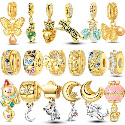 Original-Charm-Perlen aus 925er-Sterlingsilber, goldener Leopard, Glühwürmchen, Schmetterling, Heißluftballon-Perlen, passend für DIY-Armbänder, edler Schmuck