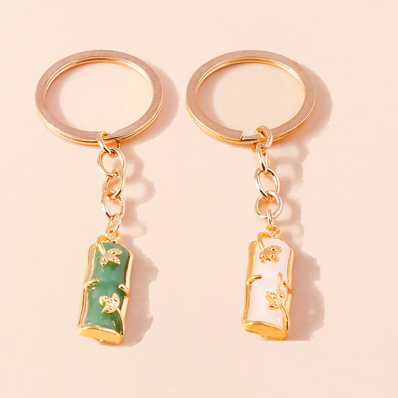 Elegante Edelstein Jade Bambus Schlüssel bund Charms Emaille Glück Katze Schlüssel ringe für Frauen Männer Handtasche Anhänger DIY Schmuck Zubehör