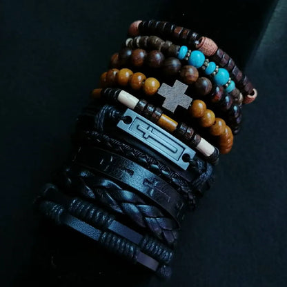 Khaki Tree 10Pcs/Set Black Wrap Woven Fashion Handmade Men Bracelets Male Women Leather Bracelets Men Bangle Wholesale Jewelry