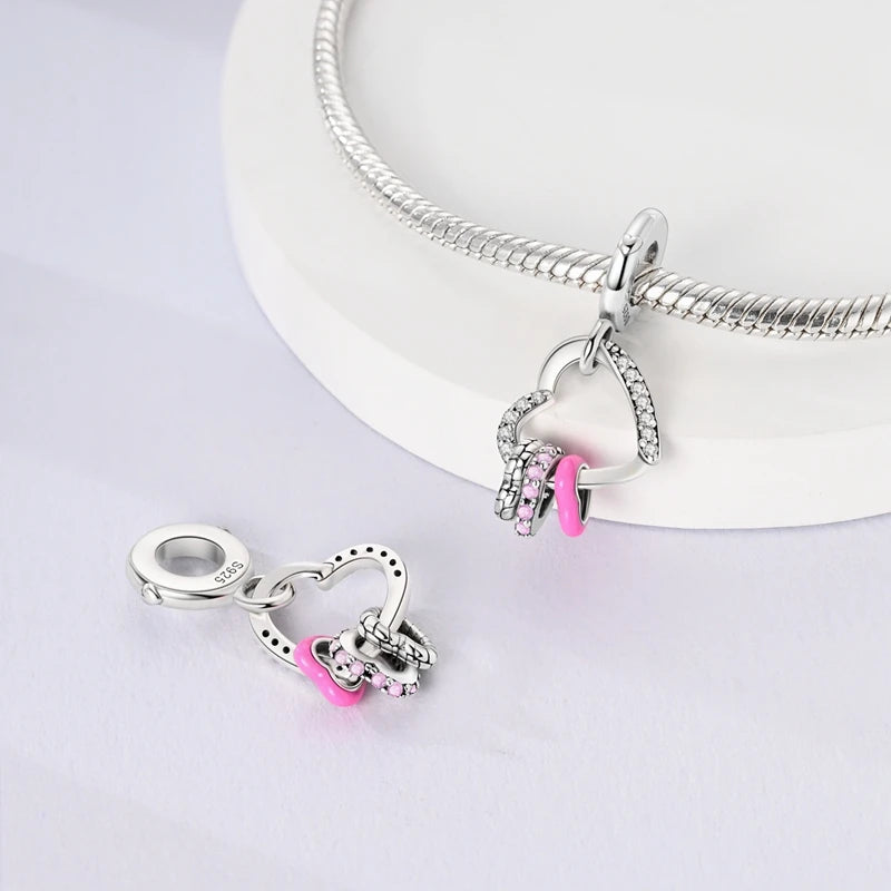 Original 925er Sterlingsilber, rosa Serie, Charms, Perlen, Schleife, Parfümflasche, herzförmiger Kreuz-Anhänger, passend für Armband, DIY-Schmuck