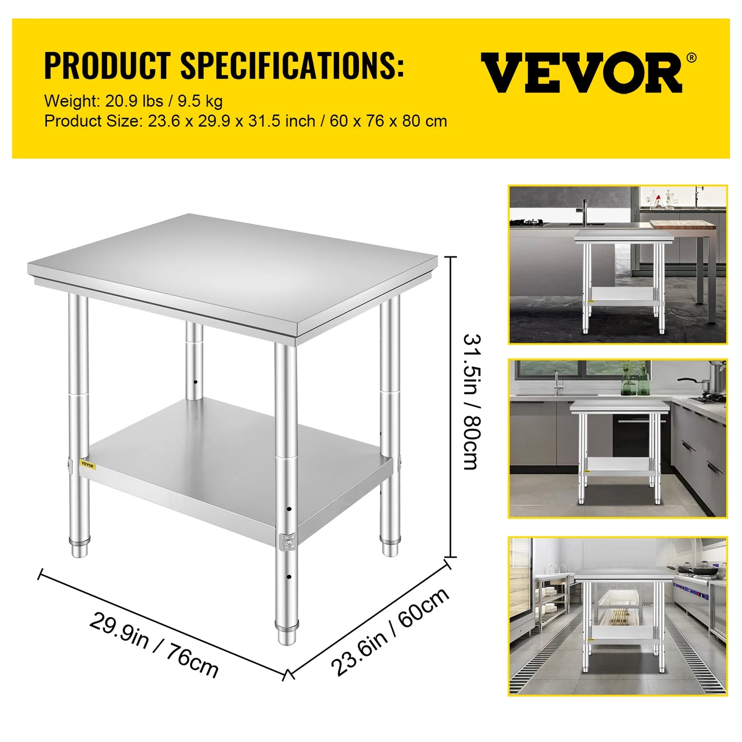 VEVOR Edelstahl Arbeitstisch 900 x 600 x 800 mm Edelstahltisch Essenszubereitung mit Verstellbare Füße für die Zubereitung von Mahlzeiten, Nähen, Waschen, Basteln, Garagennutzung usw.