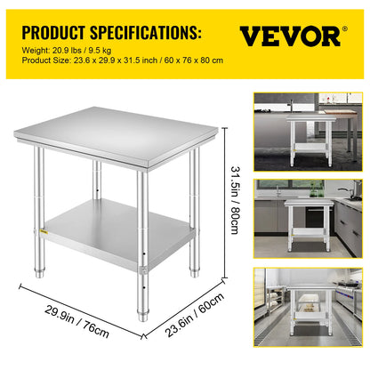 VEVOR Edelstahl Arbeitstisch 900 x 600 x 800 mm Edelstahltisch Essenszubereitung mit Verstellbare Füße für die Zubereitung von Mahlzeiten, Nähen, Waschen, Basteln, Garagennutzung usw.