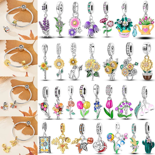 Neue Charm-Anhänger aus 925er-Sterlingsilber, Perlen, Sonnenblume, Blume, Gänseblümchen, Original-Charm-Anhänger, passend für Charm-Armbänder, DIY-Schmuck, Geburtstagsgeschenk
