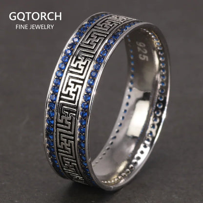 Türkische Ringe aus echtem Sterlingsilber 925, für Männer und Frauen mit blauem, rundem Zirkon, Retro-Punk-Ringe, modischer Silberschmuck