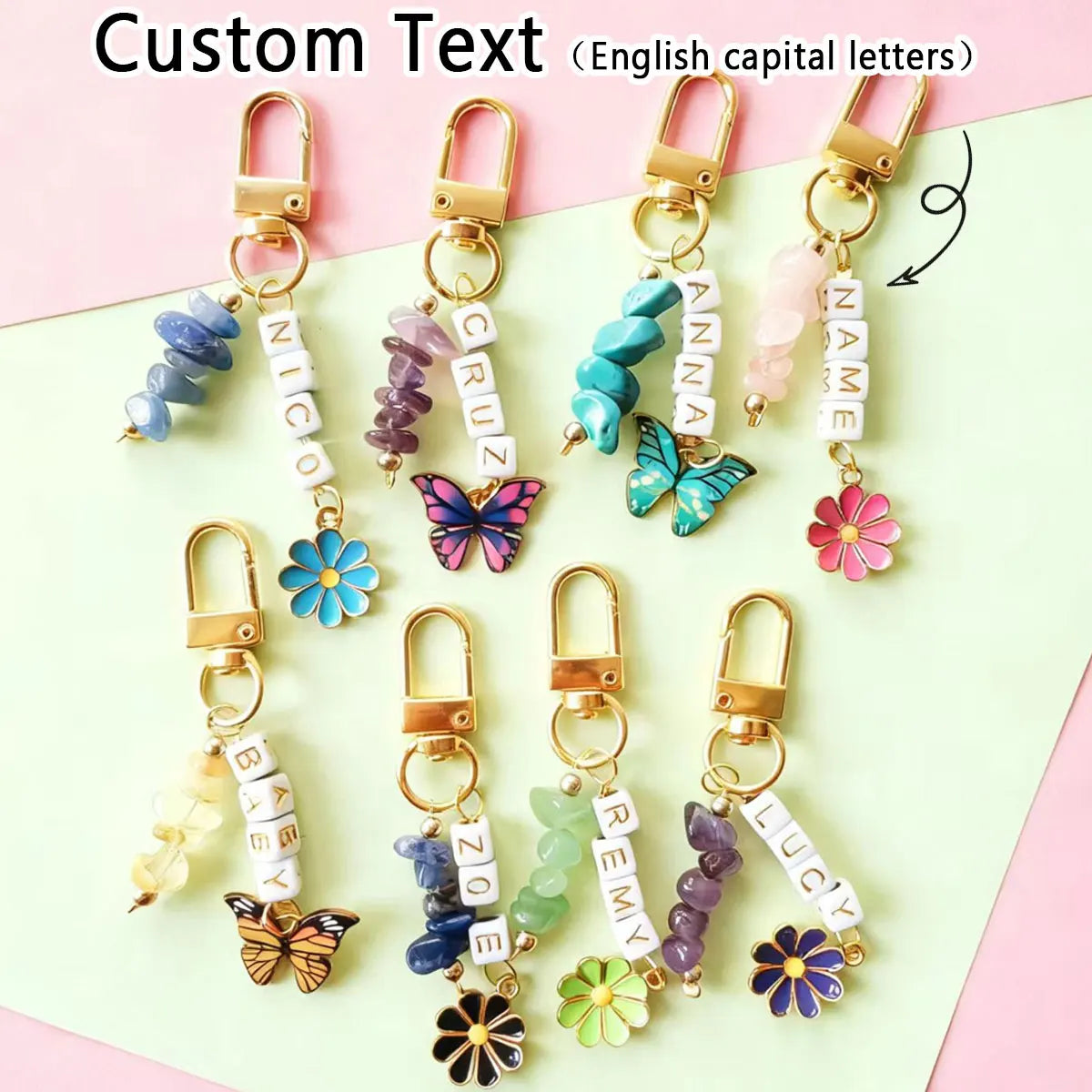 1 STÜCK personalisierter Schlüsselanhänger aus Metall mit Gänseblümchen-Blume/Schmetterling, Kristallstein/Lapislazuli-Rohstein-Anhänger, Weihnachtsgeschenk
