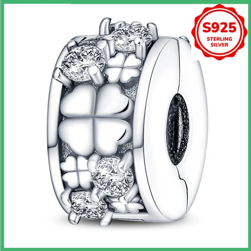 Kleeblatt-Schneeflockenfarbene Sicherheitsschnalle aus 925er Sterlingsilber für modische Damen-Charm-Perlen, geeignet für DIY-Armbänder