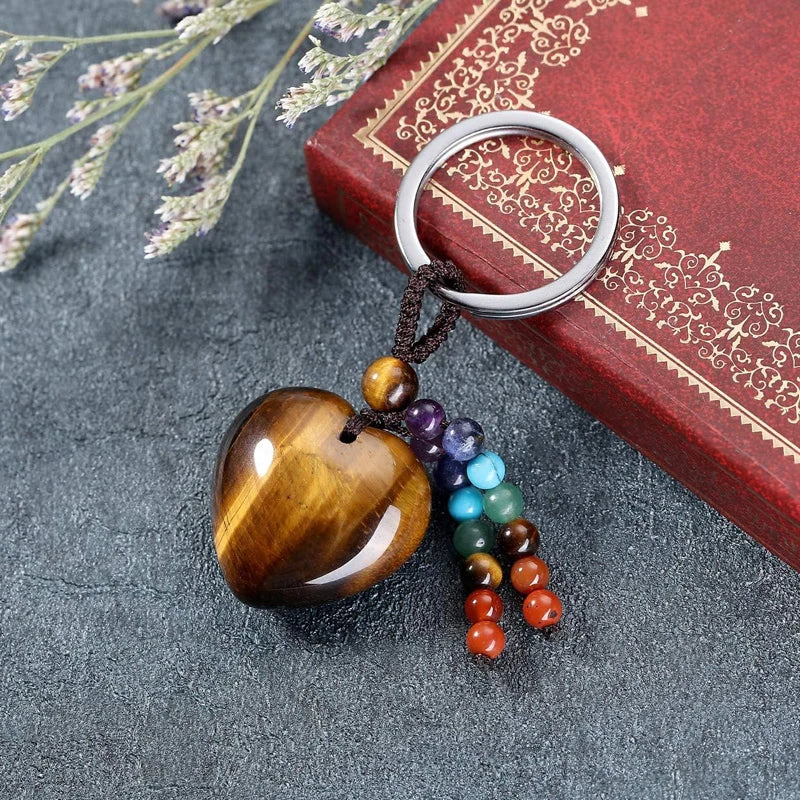 Natürlicher Rosenquarz-Herz-Kristall-Schlüsselanhänger, 7-Chakra-Heilstein, Schlüsselanhänger, Charm für Frauen und Mädchen