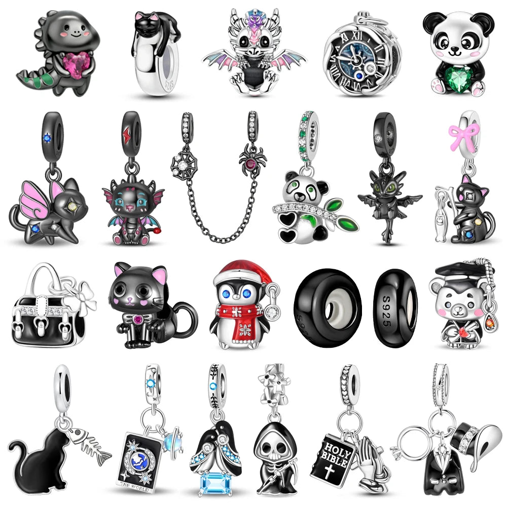 Heißer Verkauf 925er Sterlingsilber, niedliche Panda-Perlen und Pinguin-Anhänger, passend für Schlangenarmband, Boutique-Halskette, schwarzer Anhänger, Geschenk