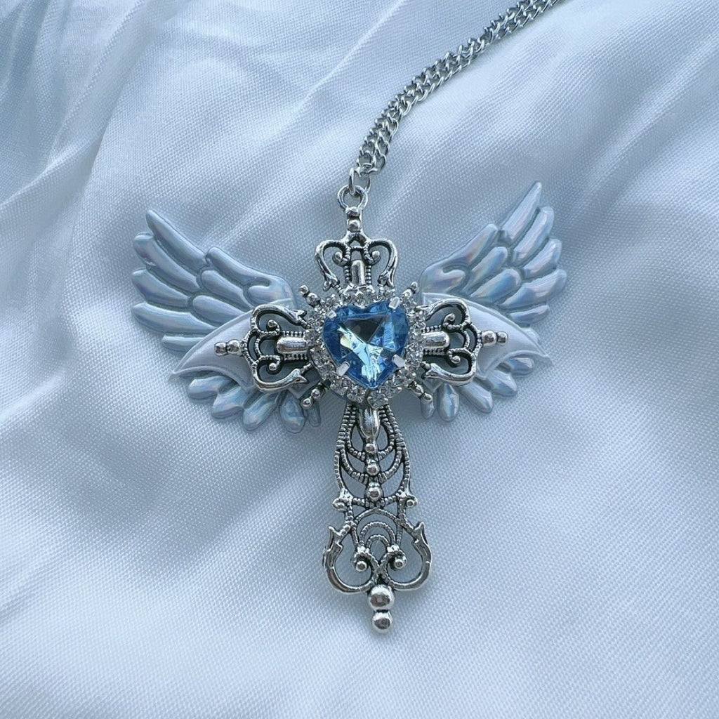 Goth Sexy Accessoire Flügel Kreuz Anhänger Halskette Y2K Schmuck Herz Kristall Halsband Punk Charm Halskette für Frauen Koreanische Mode