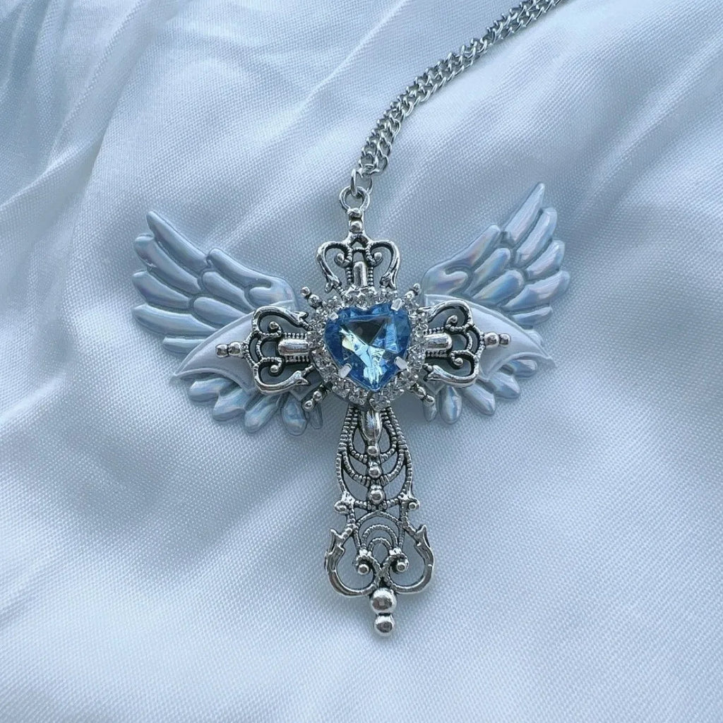 Goth Sexy Accessoire Flügel Kreuz Anhänger Halskette Y2K Schmuck Herz Kristall Halsband Punk Charm Halskette für Frauen Koreanische Mode