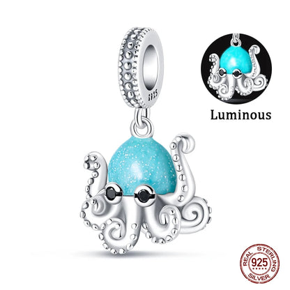 Passend für Qikaola 925 Original-Armbänder, blauer Zirkon, Eule, leuchtende Meeresschildkröte, Oktopus, 925er Silber, Charms, Perlen, DIY, Geburtstag, Schmuck, Geschenk