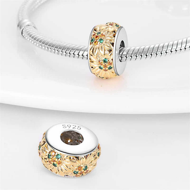 Sonnenblumen-Charm-Anhänger aus 925er-Sterlingsilber mit Zirkonia, passend für DIY-Armband-Halskette, Geschenk für Sie, Colgante Plata