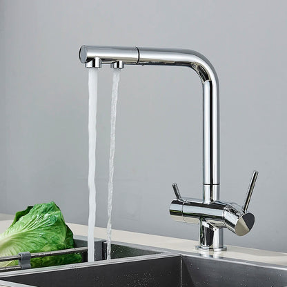Chrom gefilterter Wasserhahn Messing Luftreiniger Küchenarmatur Doppelgriff Trinkwassergefäß Waschbecken Mischbatterie Torneira für die Küche