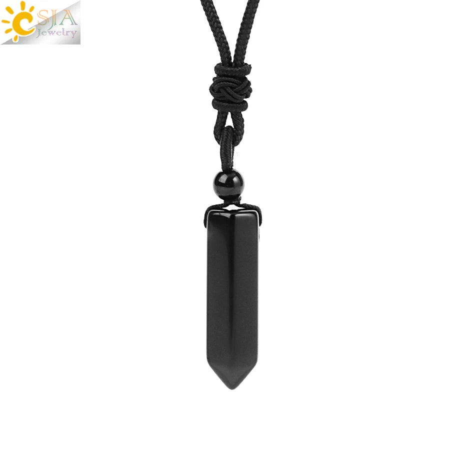 CSJA Sechseckige Naturstein-Anhänger-Kristall-Halskette für Damen und Herren, Amethyst, Tigerauge, schwarzer Obsidian, verstellbare Seilkette H477