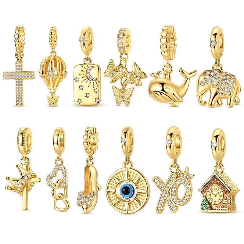 925 Silber Charms Perlen Goldenes Kreuz Krone Wal Schmetterling Anhänger Fit Original Armband Halskette Frauen Schmuck DIY Geschenke
