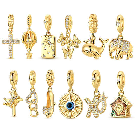 925 Silber Charms Perlen Goldenes Kreuz Krone Wal Schmetterling Anhänger Fit Original Armband Halskette Frauen Schmuck DIY Geschenke