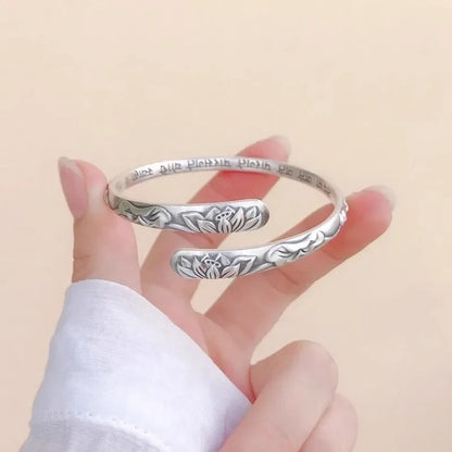 Vintage 925 Thai Silber Lotusblume Manschettenarmband für Frauen Om Mani Padme Hum Buddhismus Ethnischer verstellbarer Armreif Schmuck