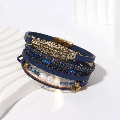 ALLYES Retro Blue Leather Bracelets for Women Men Boho Charm Pearl Crystal Heart Multilayer Wrap Bracelet &amp; Bangle Jewelry Gifts