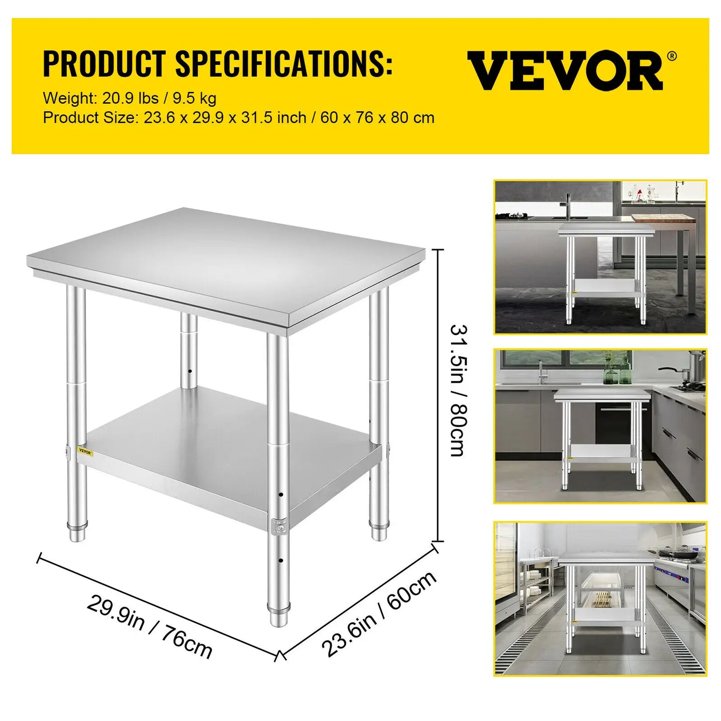 VEVOR Edelstahl Arbeitstisch 60 cm x 60 cm Essenszubereitung mit Aufkantung für die Zubereitung von Mahlzeiten, Nähen, Waschen, Basteln, Garagennutzung usw.