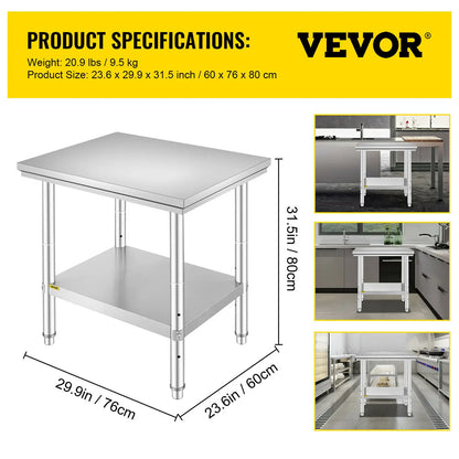 VEVOR Edelstahl Arbeitstisch 60 cm x 60 cm Essenszubereitung mit Aufkantung für die Zubereitung von Mahlzeiten, Nähen, Waschen, Basteln, Garagennutzung usw.