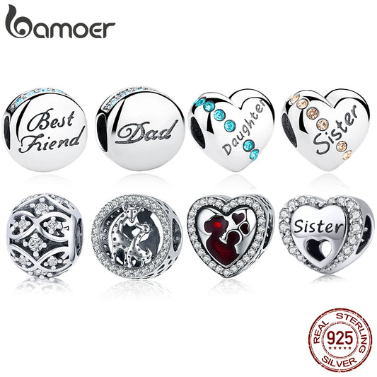 BAMOER Familien-Charm aus echtem 925er-Sterlingsilber mit blauen Kristallen, passend für Armbänder und Armreifen