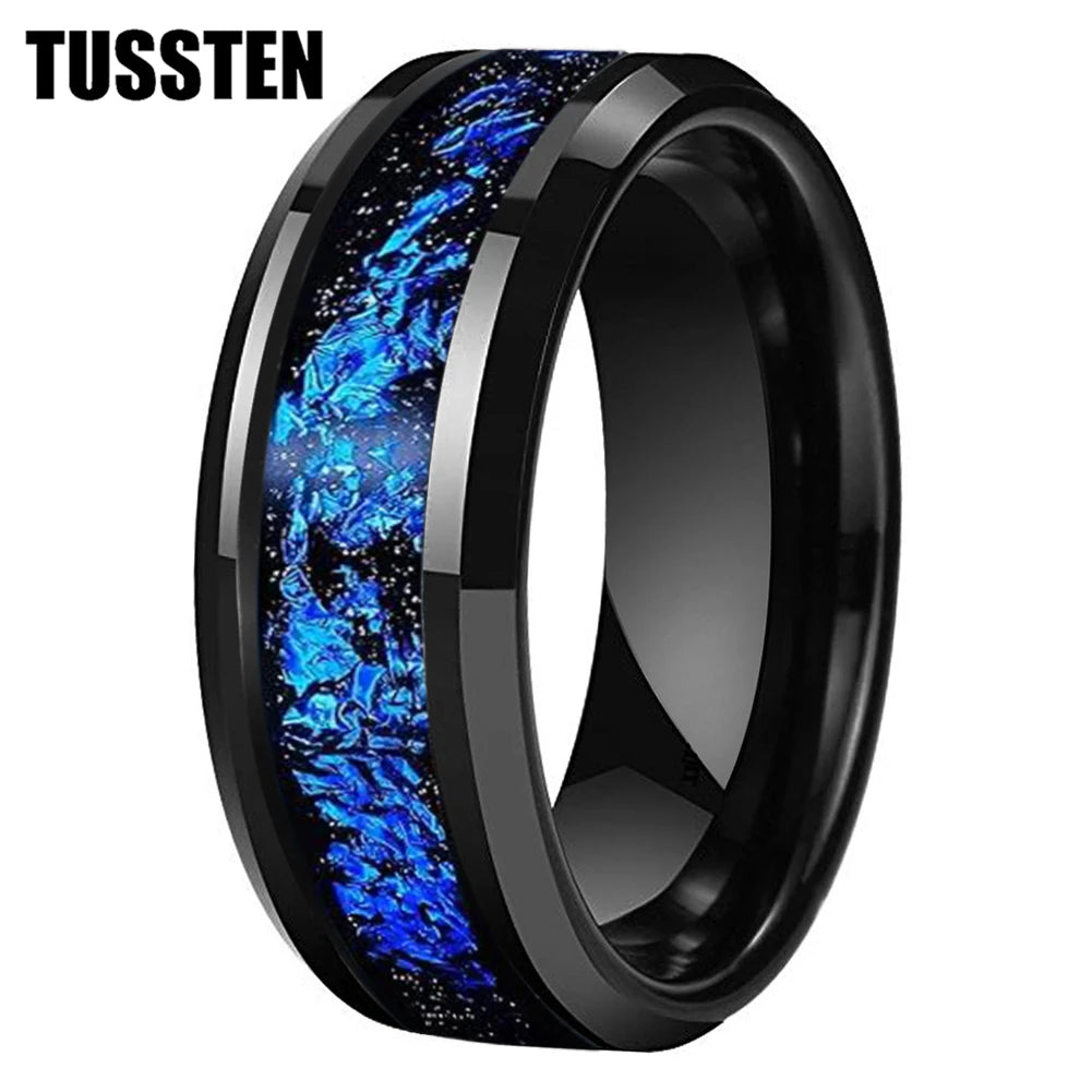 Wolfram 6/8mm Wolfram Ring für Männer Frauen blaue Folie Inlay Verlobung Ehering abgeschrägt poliert glänzend bequeme Passform