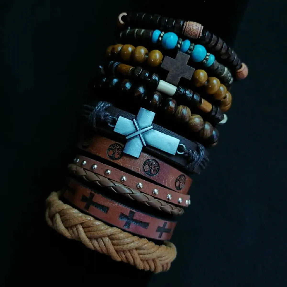 Khaki Tree 10Pcs/Set Black Wrap Woven Fashion Handmade Men Bracelets Male Women Leather Bracelets Men Bangle Wholesale Jewelry