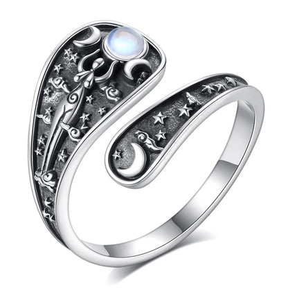 Eudora Verstellbarer Ring aus 925er-Sterlingsilber mit dreifacher Mondgöttin, Mondstein, Hekate, Amulett, Löffelring, Vintage-Schmuck, Geschenk für Frauen